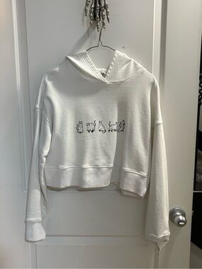 👻 Cropped White Cat Ghosts Hoodie | Size L | Kawaii Minimalist